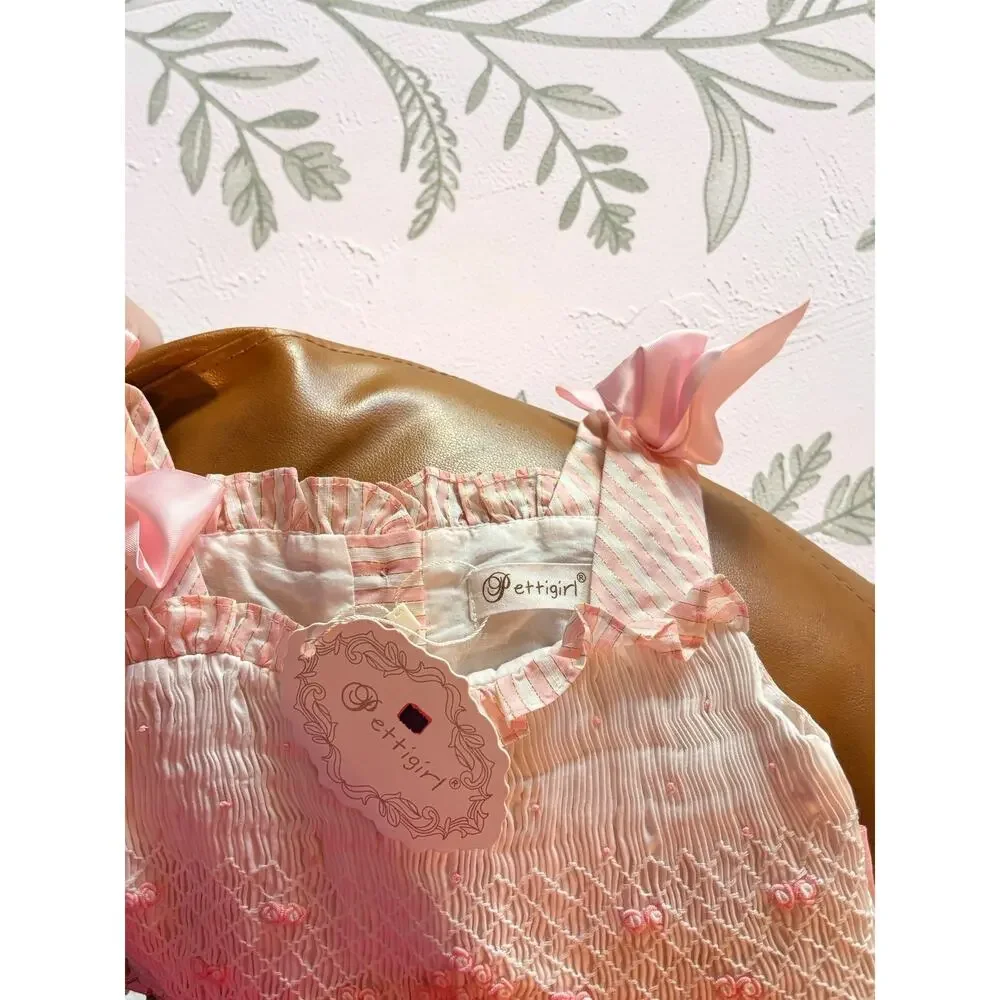 Pettigirl Girls Dress Size 5 Pink Stripe Smocked Bow 100% Cotton NWT Boutique